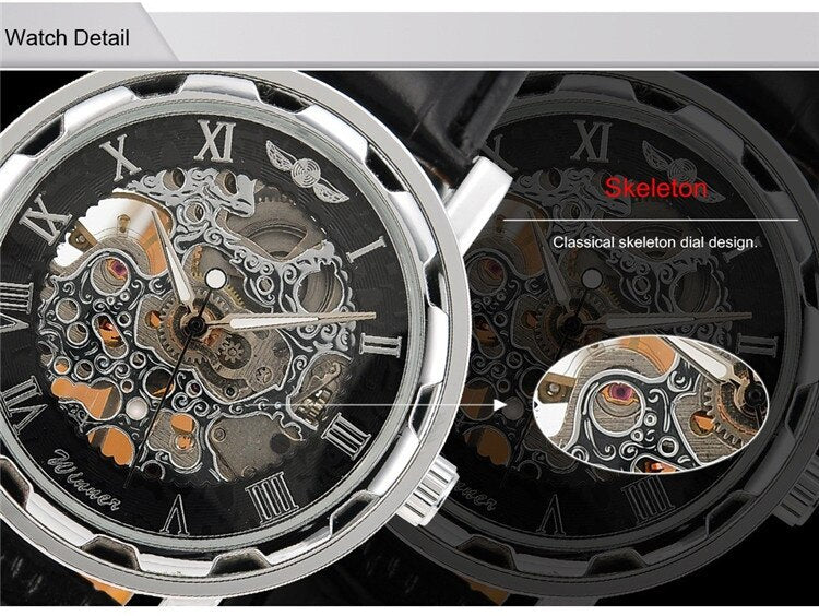 New hot sale skeleton hollow fashion mechanical hand wind men luxury male business leather strap Wrist Watch relogio