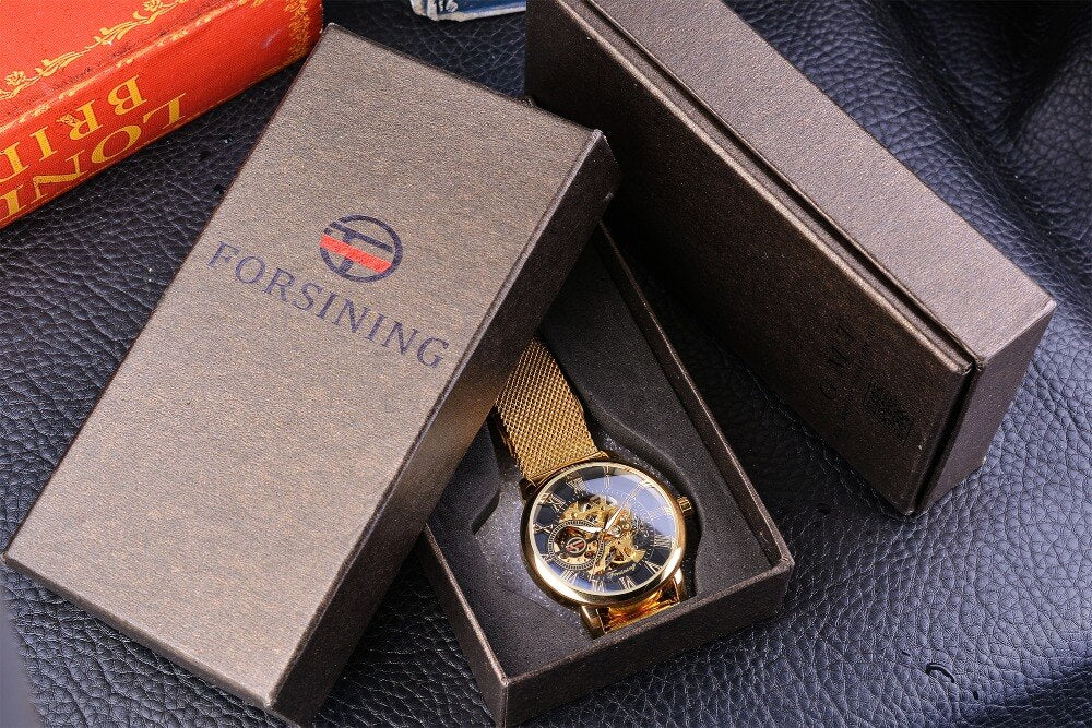 Skeleton Luxury Mechanical Wristwatch | Forsining Transparent Case Fashion 3D Logo Engraving Men's Watch