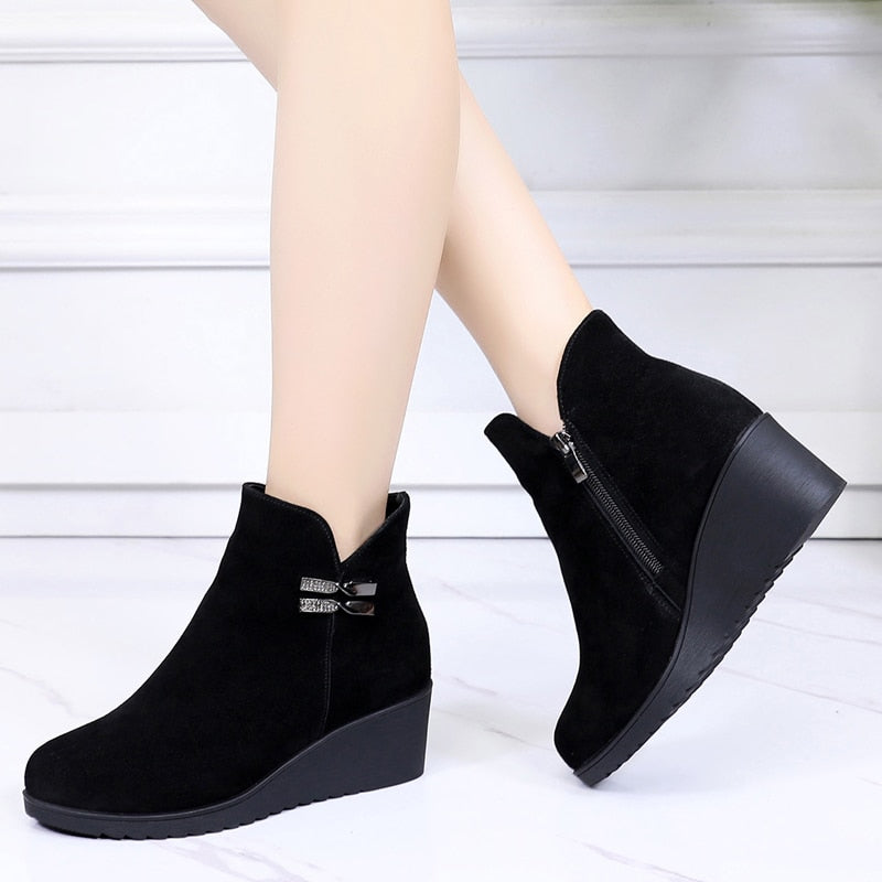 Designer Platform High Heel Genuine Cow Leather Warm Winter Ankle Boots
