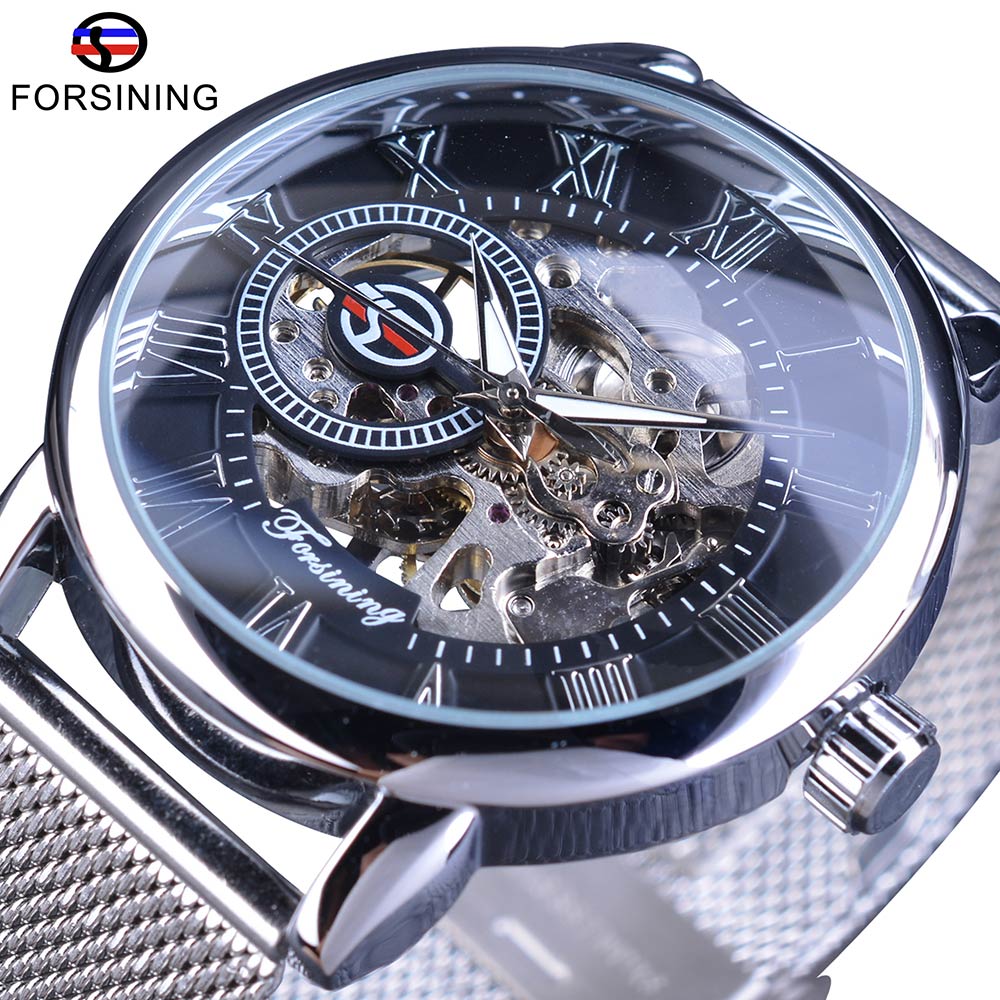Skeleton Luxury Mechanical Wristwatch | Forsining Transparent Case Fashion 3D Logo Engraving Men's Watch