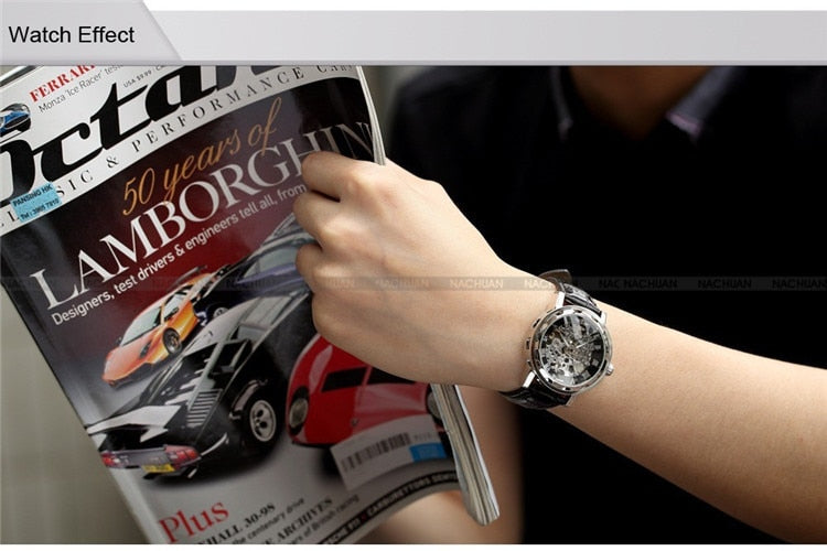 New hot sale skeleton hollow fashion mechanical hand wind men luxury male business leather strap Wrist Watch relogio