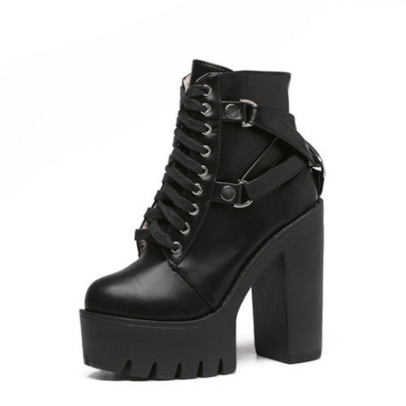 Fashion Black Boots Women Designer platform High Heel Spring Autumn Lace-up Soft Leather Platform Shoes