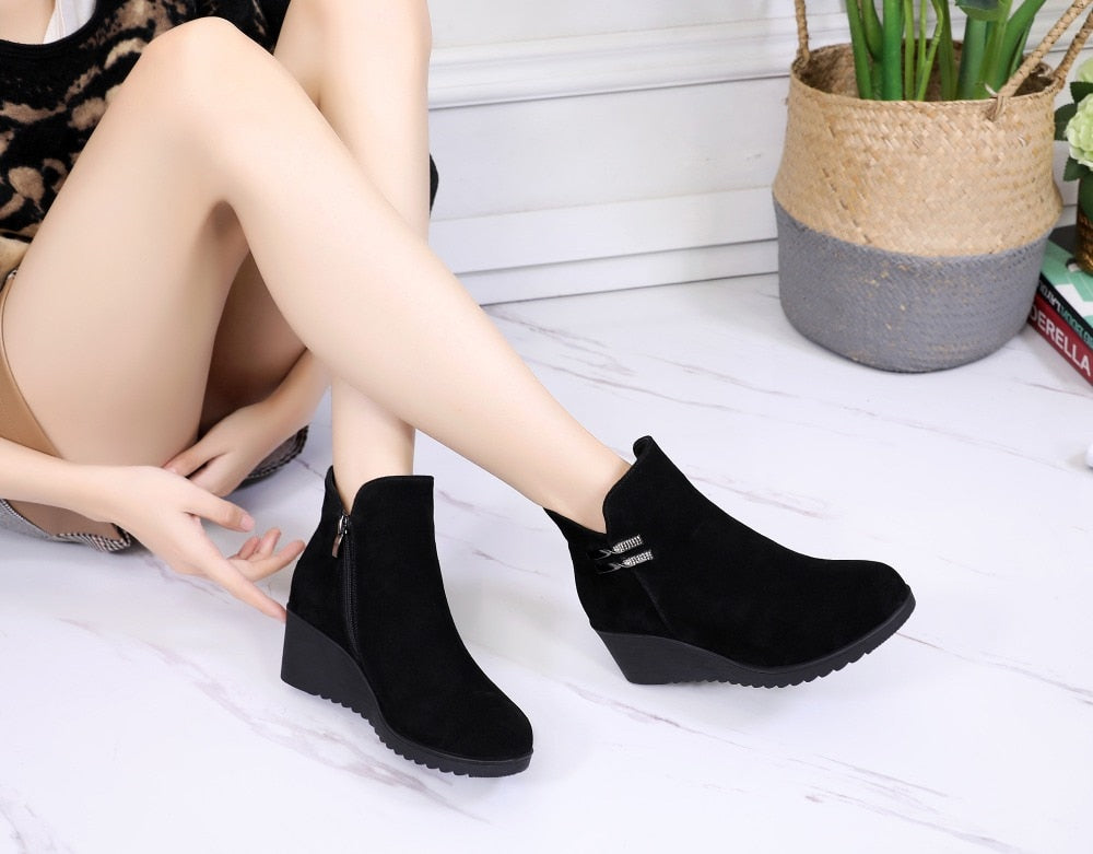 Designer Platform High Heel Genuine Cow Leather Warm Winter Ankle Boots