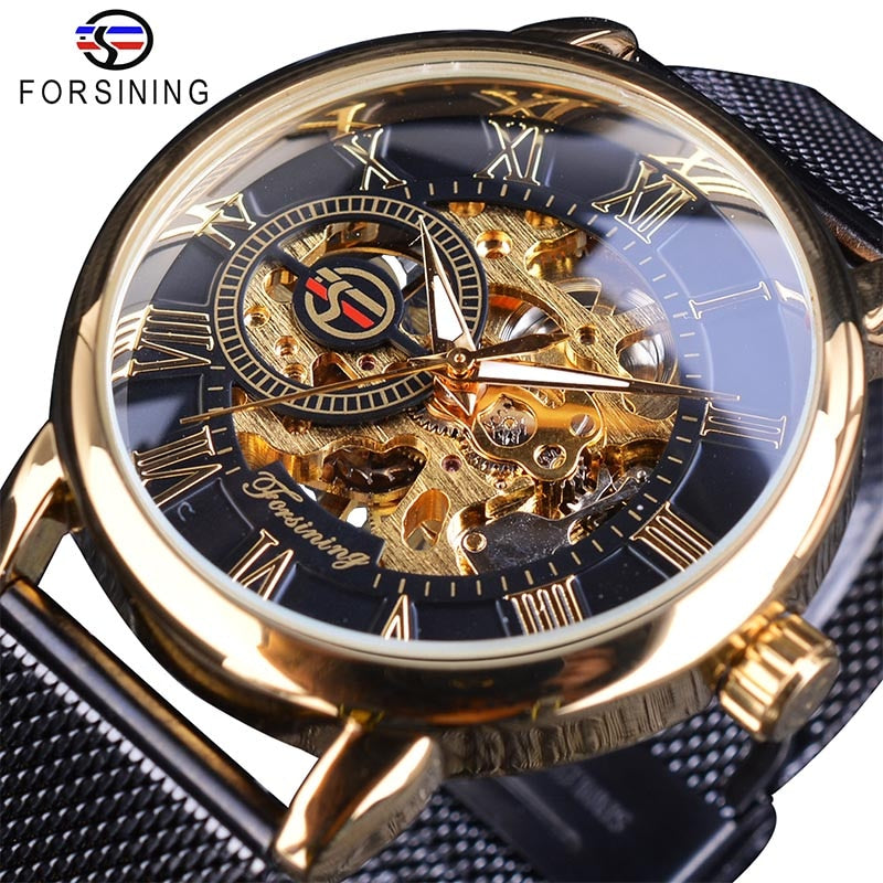 Skeleton Luxury Mechanical Wristwatch | Forsining Transparent Case Fashion 3D Logo Engraving Men's Watch