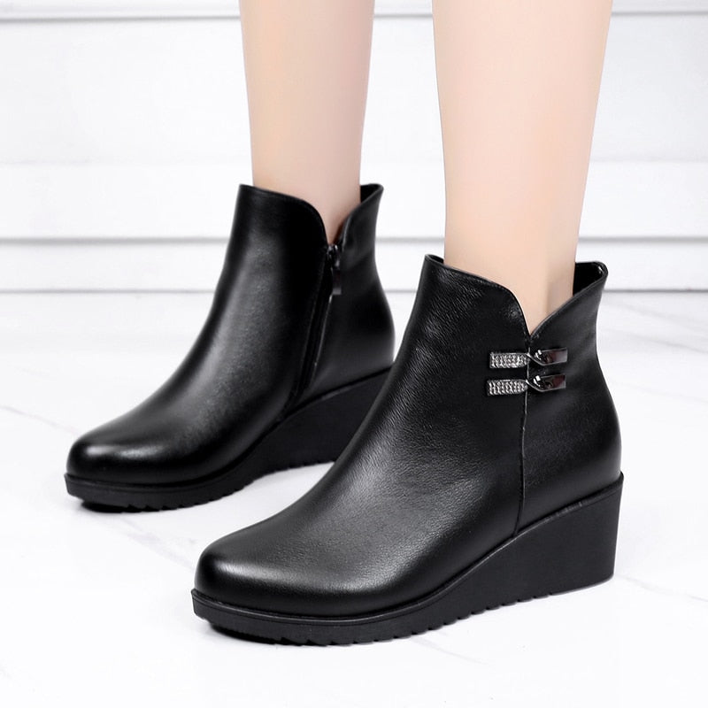 Designer Platform High Heel Genuine Cow Leather Warm Winter Ankle Boots