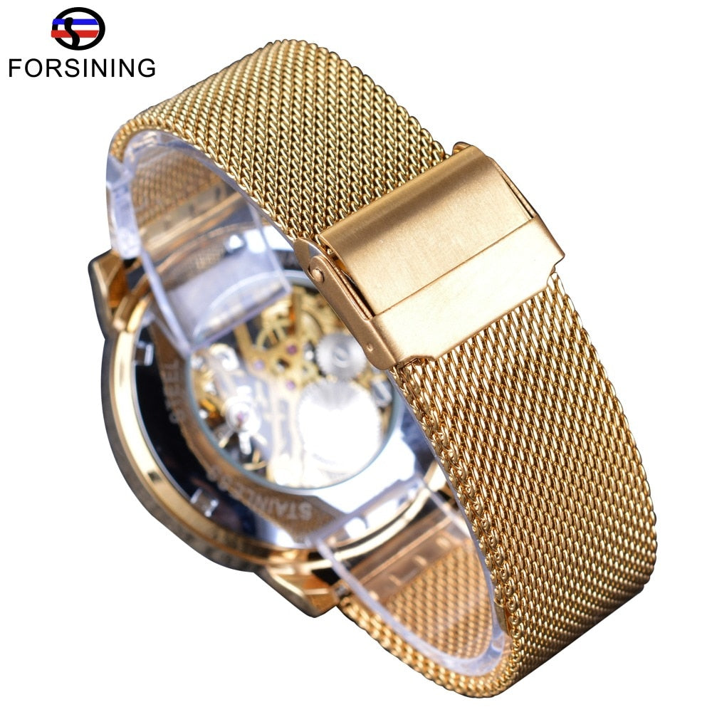 Skeleton Luxury Mechanical Wristwatch | Forsining Transparent Case Fashion 3D Logo Engraving Men's Watch