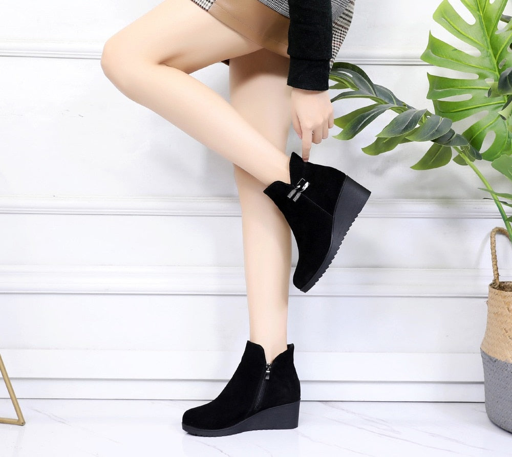 Designer Platform High Heel Genuine Cow Leather Warm Winter Ankle Boots