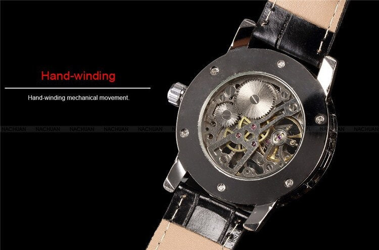 New hot sale skeleton hollow fashion mechanical hand wind men luxury male business leather strap Wrist Watch relogio