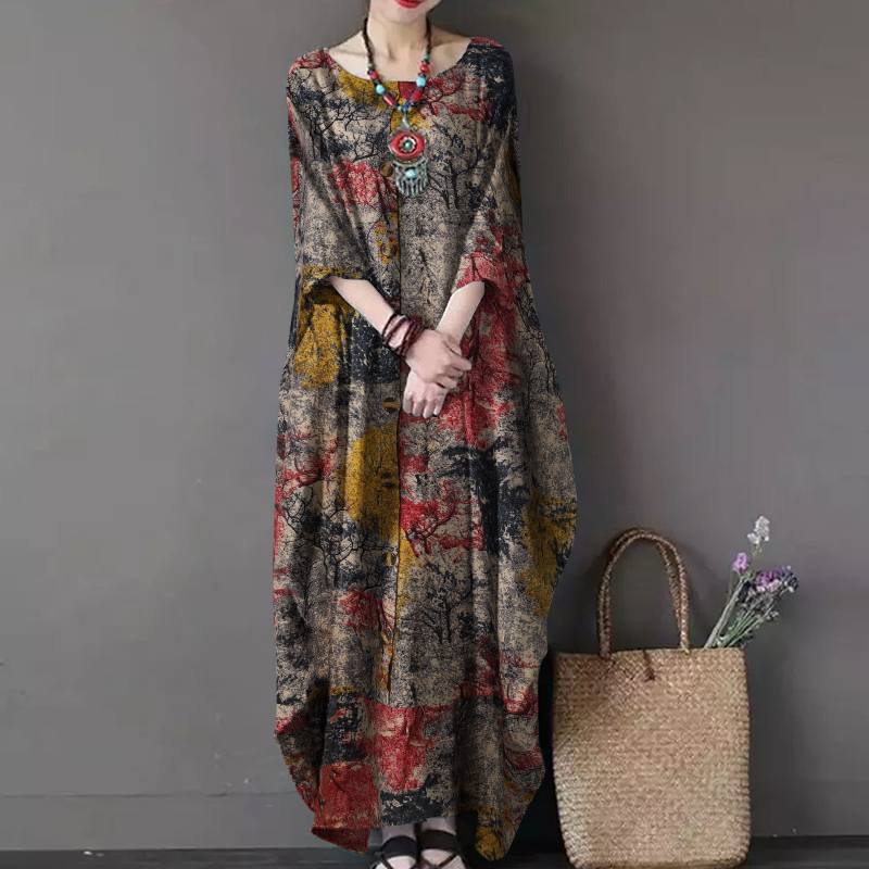 Vintage Women Sundress Casual Long Sleeve Printed Maxi Long Dress Kaftan Female Baggy Floral Vestidos Dresses