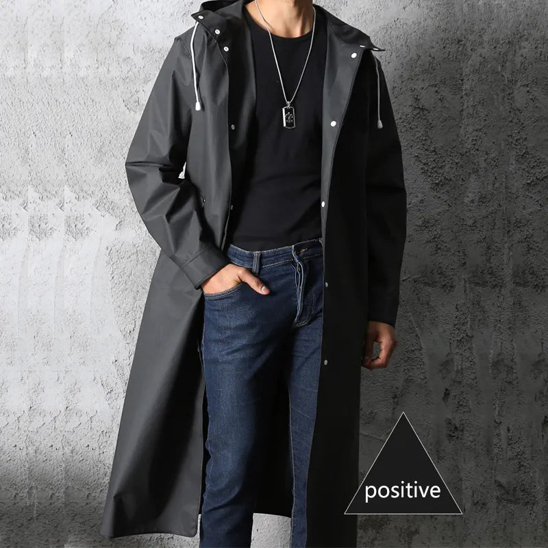 Fashionable Waterproof Long Raincoat Trench Coat for Adults Black Hooded Raincoat for Women and Men, Ideal for Outdoor Hiking, Travel, Fishing, and Climbing with Thickened Material