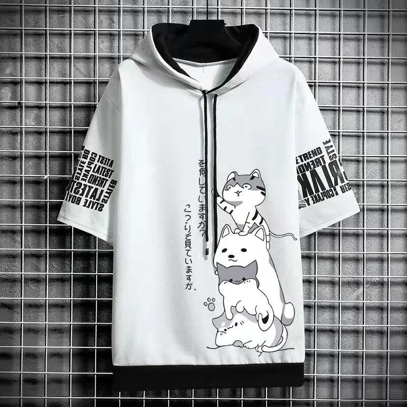 Men's Harajuku Streetwear Hoodies, Summer Cartoon Print Short Sleeve Sweatshirts, Casual Hooded Top, Japan Fashion Men's Clothing