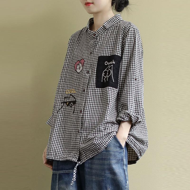 Vintage Plaid Cartoon Embroidery Oversized Female Shirt - Women's Casual Shirt in New 2023 Korean Style