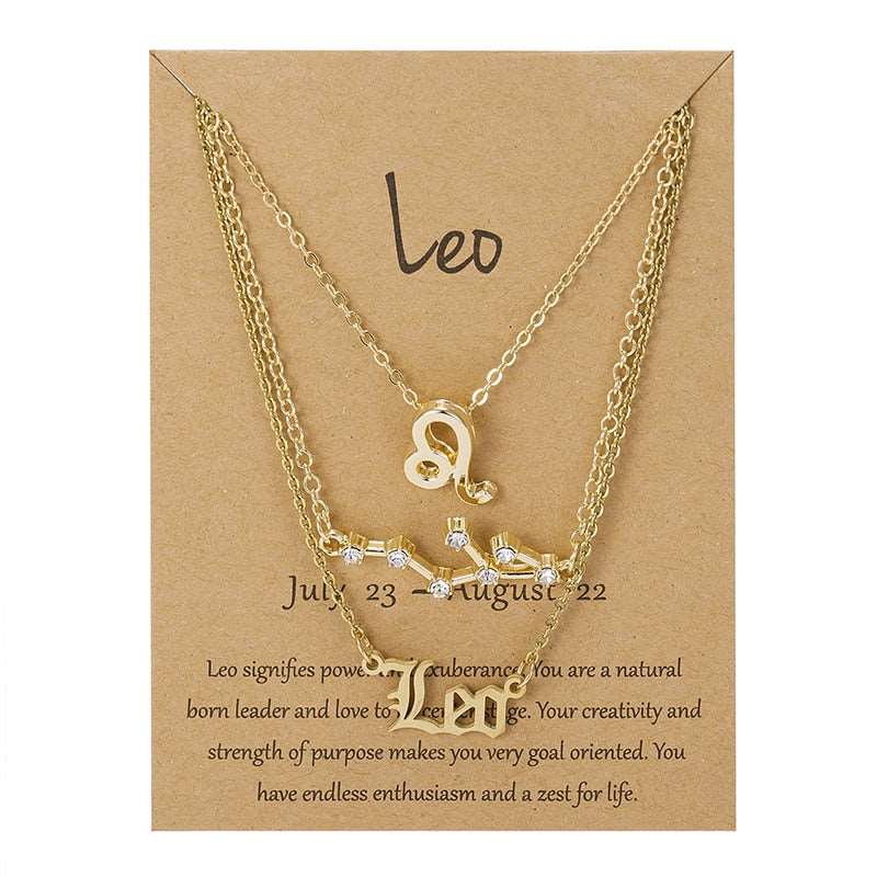 3Pcs/set 12 Zodiac Sign Multi Chain Necklaces For Women with Pendant Chain Choker