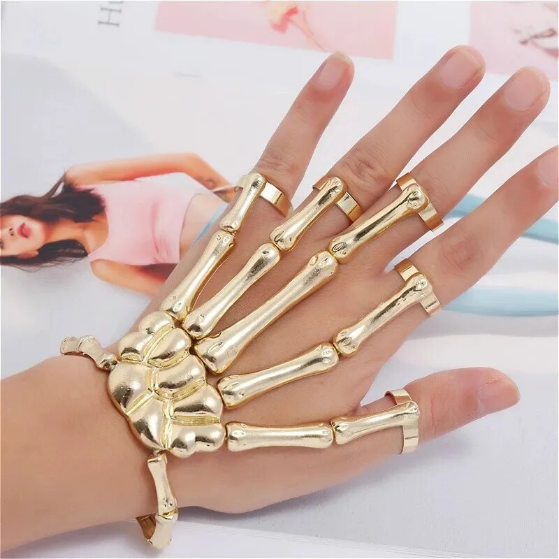New Unique Punk Skeleton Hand Bone Versatile Five Finger Ring Bracelet