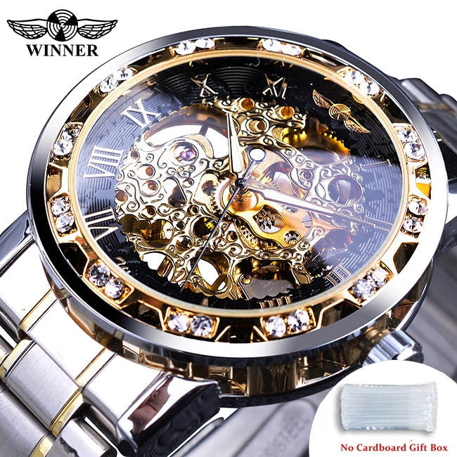 Winner Transparent Fashion Diamond Luminous Gear Movement Watch | Luxury brand Mechanical Skeleton Wristwatch