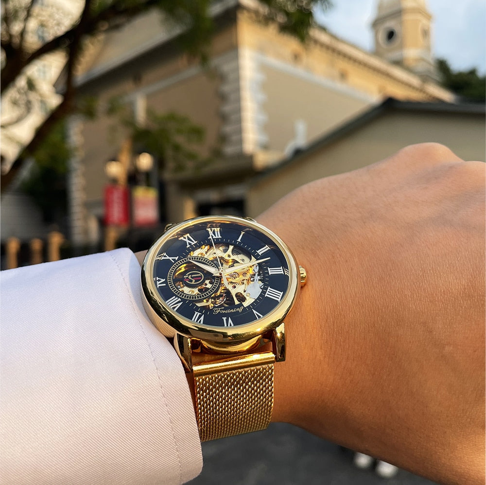 Skeleton Luxury Mechanical Wristwatch | Forsining Transparent Case Fashion 3D Logo Engraving Men's Watch
