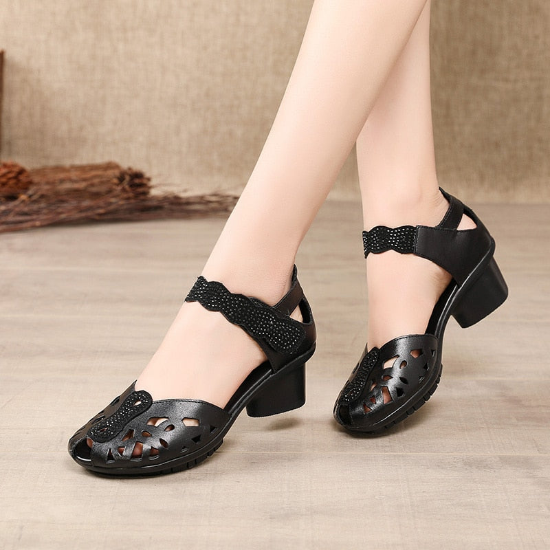 2023 Summer Genuine Leather Shoes Gladiator Sandals Women 5cm High Heels Classic Black Peep Toe Hollow Ladies Sandals