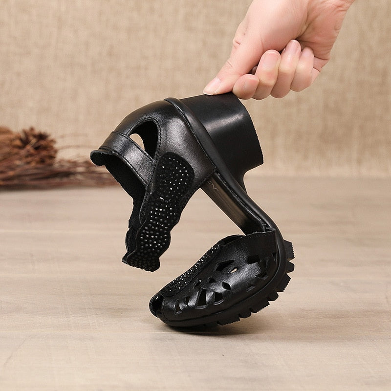 2023 Summer Genuine Leather Shoes Gladiator Sandals Women 5cm High Heels Classic Black Peep Toe Hollow Ladies Sandals