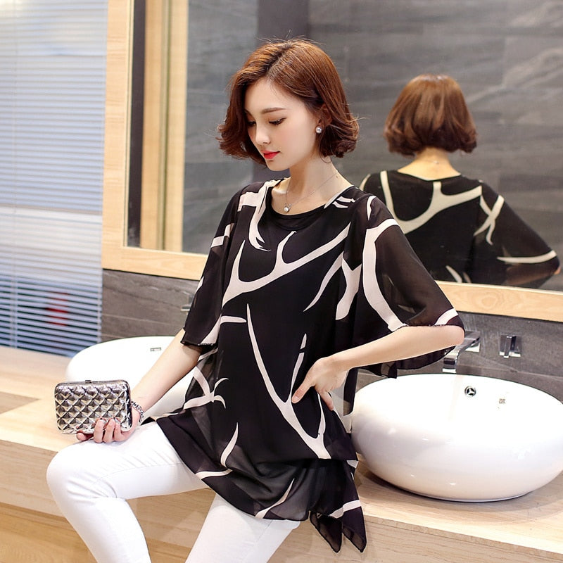 Short Sleeve Summer Tops Print Chiffon Blouse Shirt extra large size available