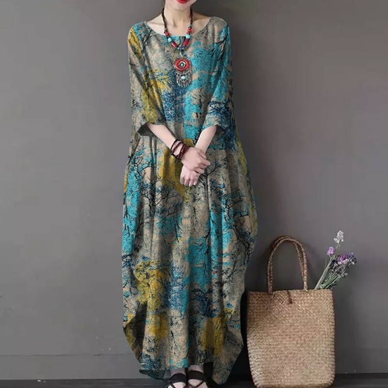 Vintage Women Sundress Casual Long Sleeve Printed Maxi Long Dress Kaftan Female Baggy Floral Vestidos Dresses