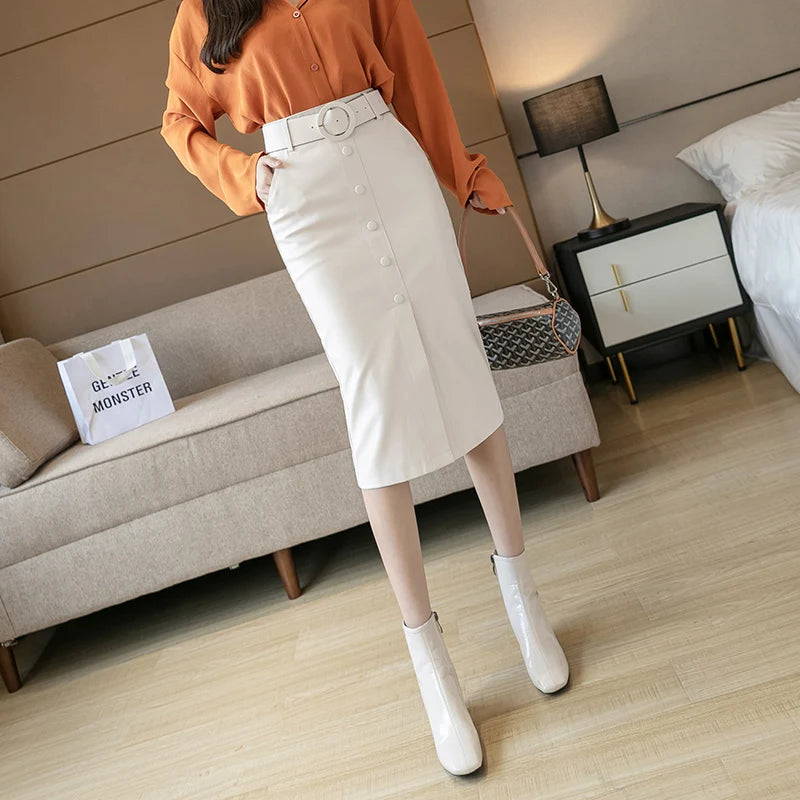 New Streetwear Bodycon Pencil Skirts Women Fashion Korean Style High Waist PU Leather Skirt With Belt Slit Falda Midi Skirt