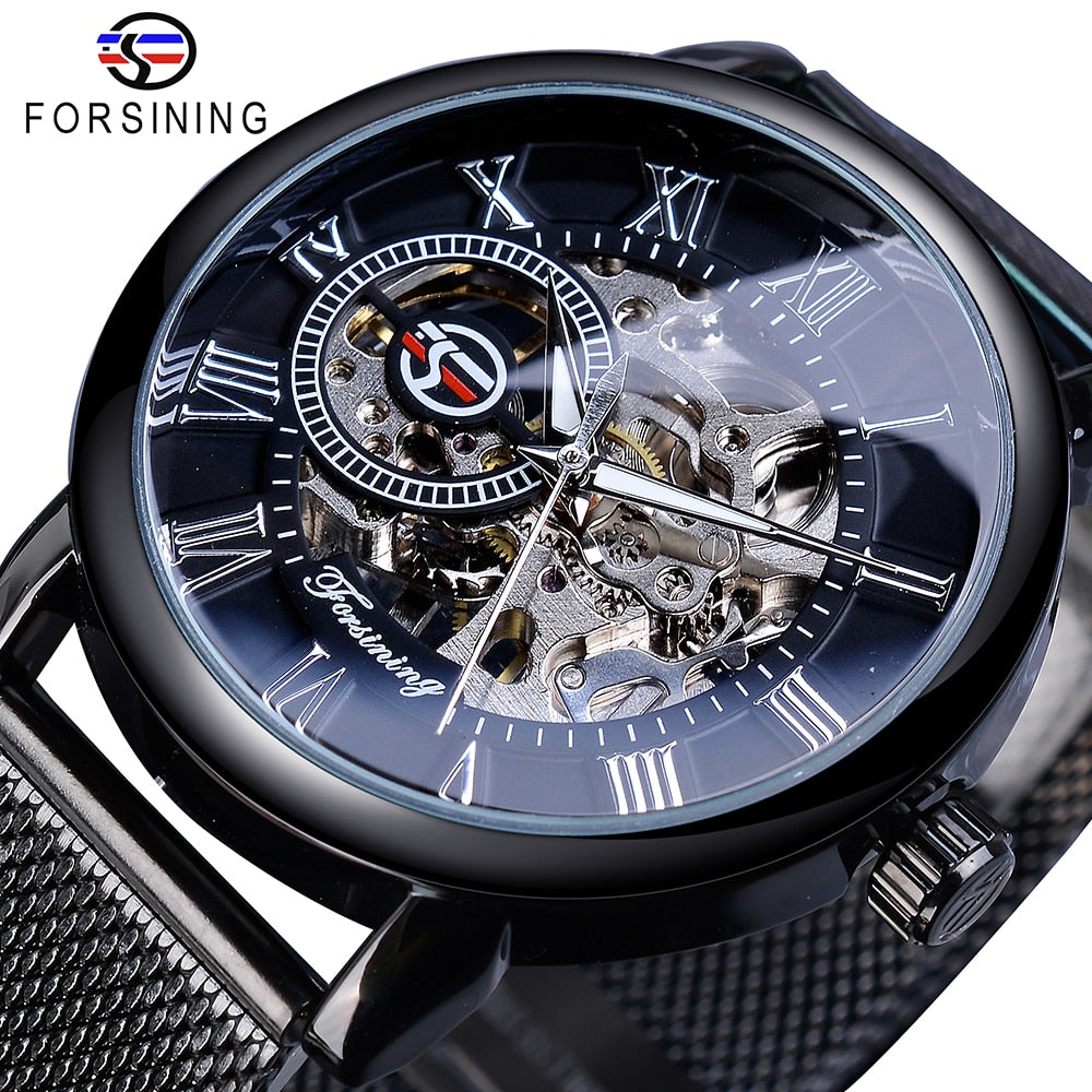 Skeleton Luxury Mechanical Wristwatch | Forsining Transparent Case Fashion 3D Logo Engraving Men's Watch