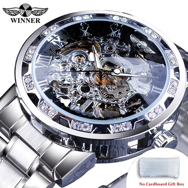 Winner Transparent Fashion Diamond Luminous Gear Movement Watch | Luxury brand Mechanical Skeleton Wristwatch