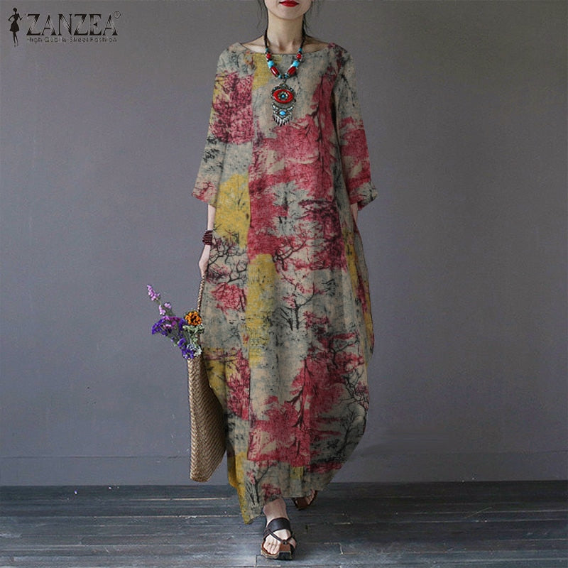 Vintage Women Sundress Casual Long Sleeve Printed Maxi Long Dress Kaftan Female Baggy Floral Vestidos Dresses