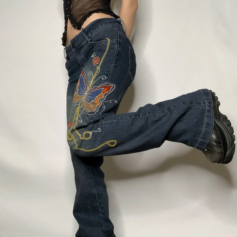 Retro Butterfly Print Denim Jeans Low Waisted Grunge Vintage Cargo Trousers Fairycore Harajuku Fashion Pants