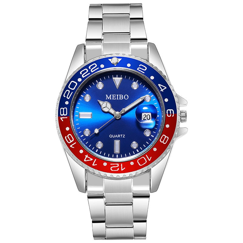 New Men's Watch Luxury Business Watch Blue Dial Date Watch Men Stainless Steel Band Fashion Male Wrist Watch Relogio Masculino