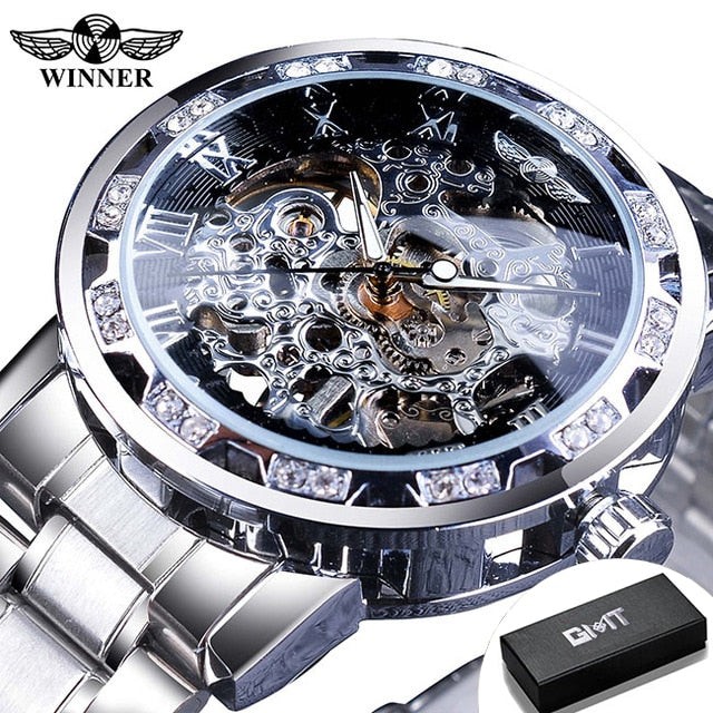 Winner Transparent Fashion Diamond Luminous Gear Movement Watch | Luxury brand Mechanical Skeleton Wristwatch