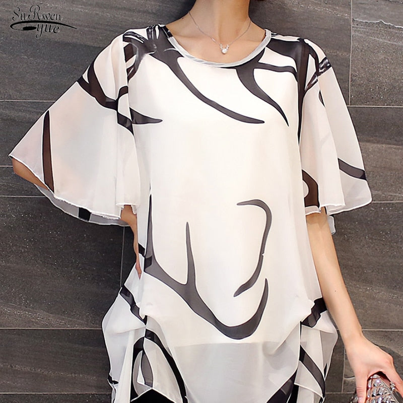 Short Sleeve Summer Tops Print Chiffon Blouse Shirt extra large size available
