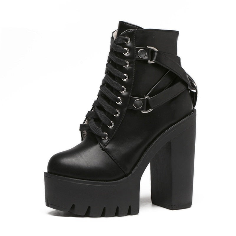Fashion Black Boots Women Designer platform High Heel Spring Autumn Lace-up Soft Leather Platform Shoes