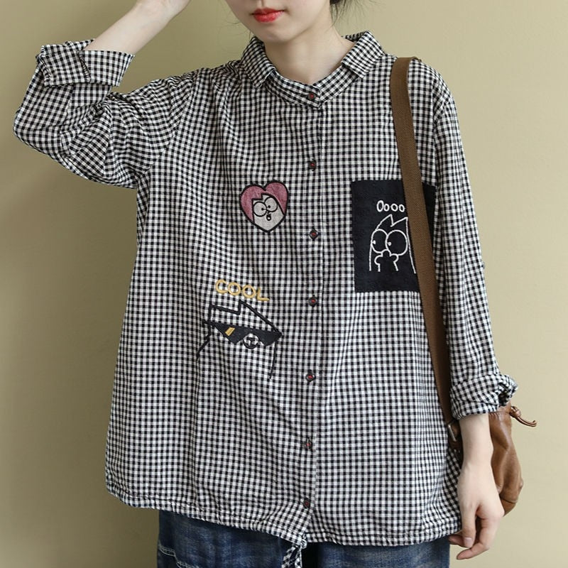 Vintage Plaid Cartoon Embroidery Oversized Female Shirt - Women's Casual Shirt in New 2023 Korean Style