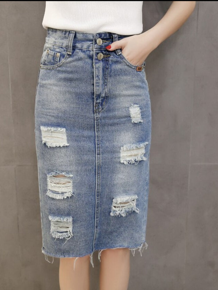 Summer 2023 Denim Teen Skirt High Waist Holes Back Slit Knee-length Midi Skirt Preppy Style