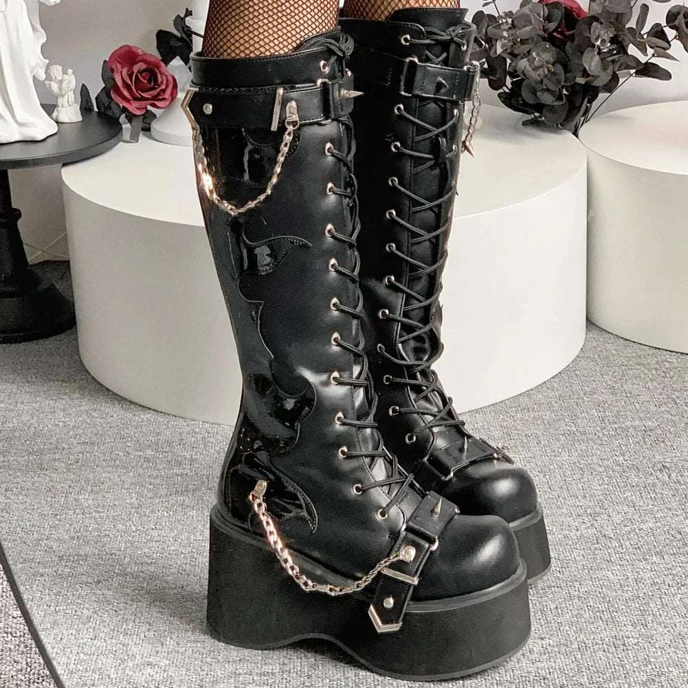 Autumn Gothic Halloween Mid Calf Boots Women Wedges High Heels Punk Street Platform Boots Female Cosplay Shoes For Woman