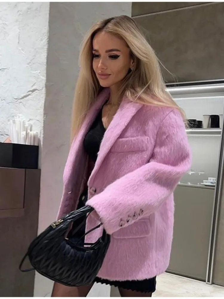 Single-Breasted Lapel Jacket Women's Solid Plush Coat with Double Pockets, Long Sleeves Autumn Elegance for Casual or Office Wear