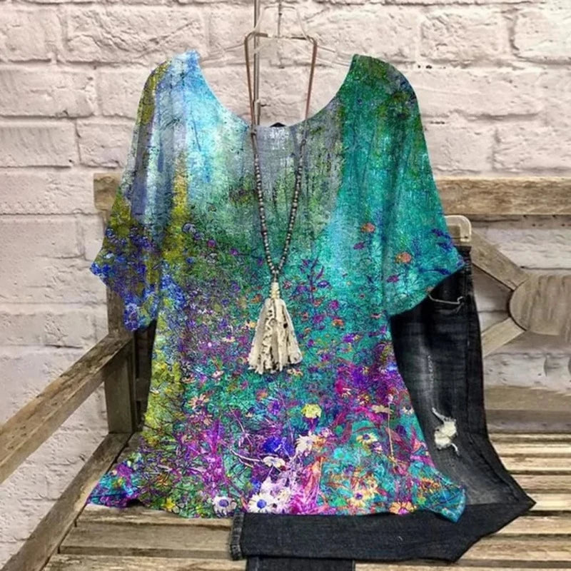 Flower Print Tops Vintage Pullover Spring Summer Loose Short Sleeves Oversized Tee Shirt Fashion T-Shirt
