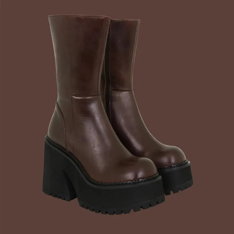Goth Platform High Heels Zip Chunky Women's Boots Black Punk Thick Bottom Motorcycle Boots Cosplay Y2K Casual Shoes
