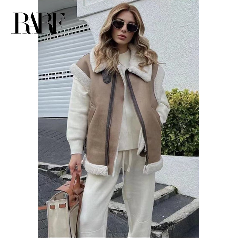 TRAF 2023 Woman Winter Vest Coat, Cotton Imitation Leather Vests, Sleeveless Jacket, Windproof Casual Warm Trench Coats, Winter Fashion, Women's Outerwear