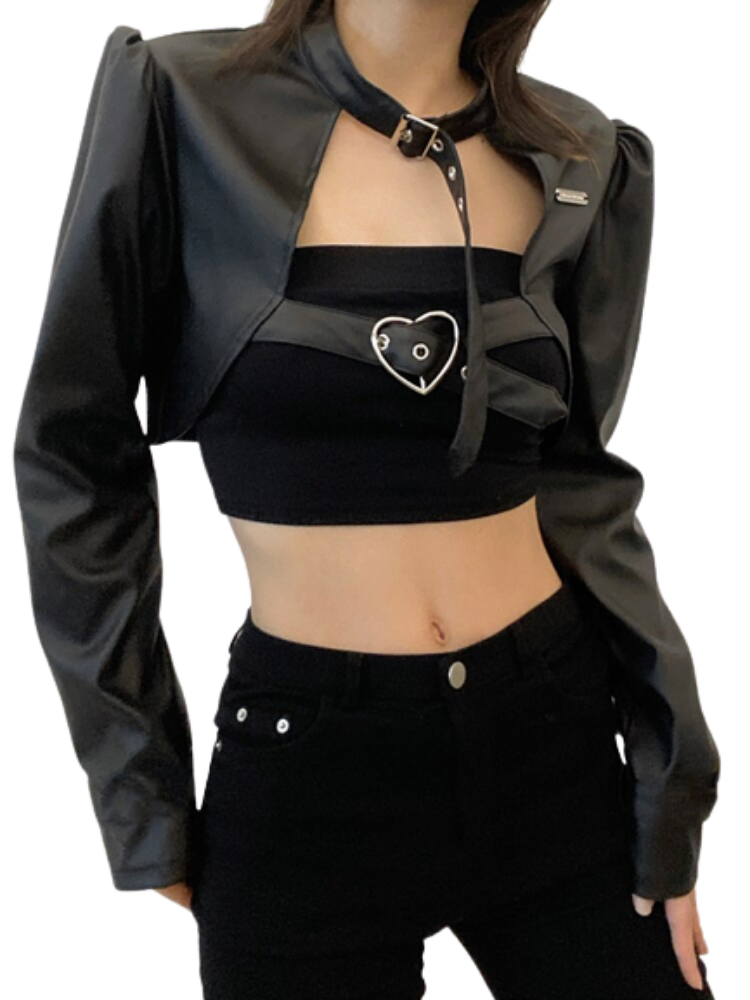 Gothic Bandage Leather Jacket Women Winter | Punk Style Streetwear Crop Coat | Dark Academic Slim Black Outwear