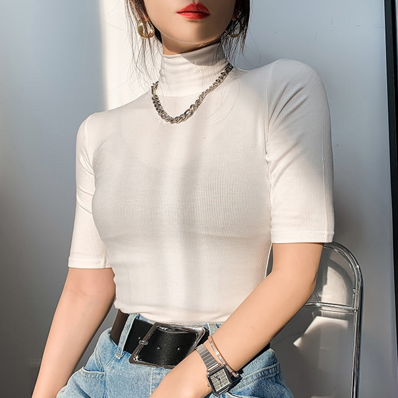 Best Basic Cotton T-Shirt for Women | Slim Fit, Turtleneck, Short Sleeve | Casual, Elastic, White Tee Shirt