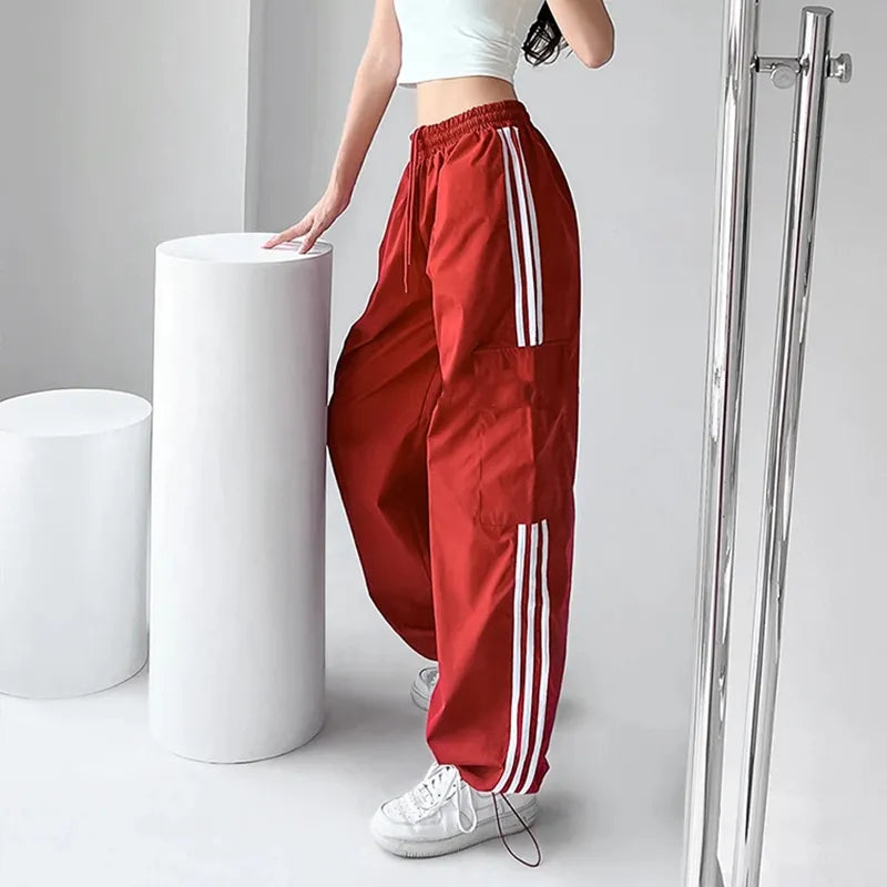 Women Hip Hop Streetwear Baggy Wide Leg Cargo Pants Bf Y2K High Waist Drawstring Joggers Trousers Striped