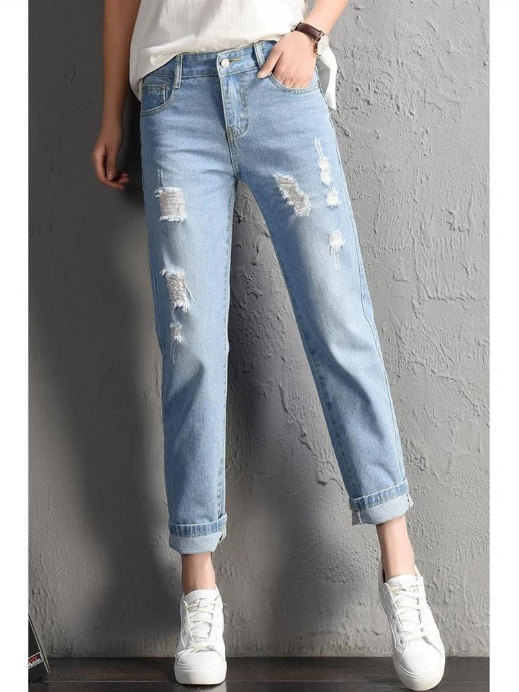 Trendy and Sexy Women Fashion Mid Waist Boyfriend Big Ripped Hole Jeans - Casual High Street Denim Pants for Vintage Style