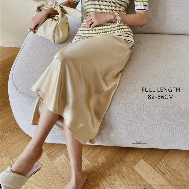 New Korean Style Elegant High-Waisted Silk Satin Skirt - Women's Pink Midi Skirt, A-Line Pencil Skort long
Skirt