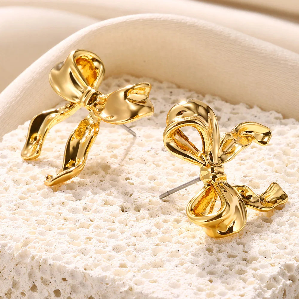 Gold Color Geometric Earrings For Women Bow Stud Nail Earring Fashion Cute Jewelry Piercing Ear Accessories Christmas Gift Aretes