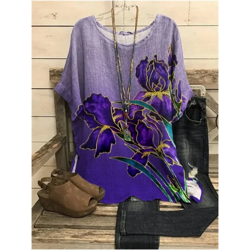 Flower Print Tops Vintage Pullover Spring Summer Loose Short Sleeves Oversized Tee Shirt Fashion T-Shirt