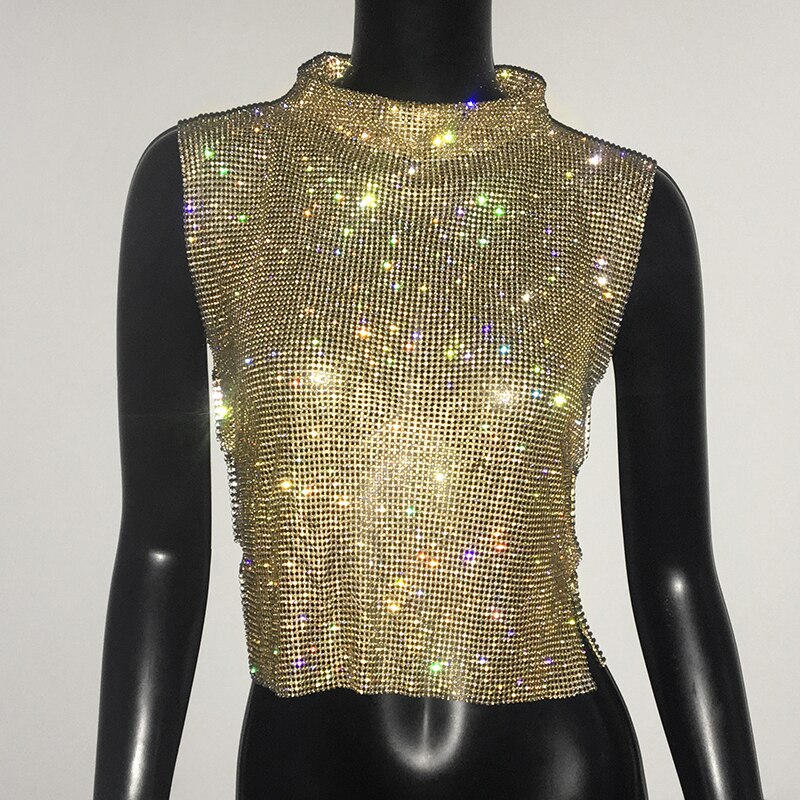 Sexy Rhinestone Glitter Turtleneck T-Shirt Women Backless Party Crop Top Adjustable Metal Chain Diamond Tank Top Summer Nightclub