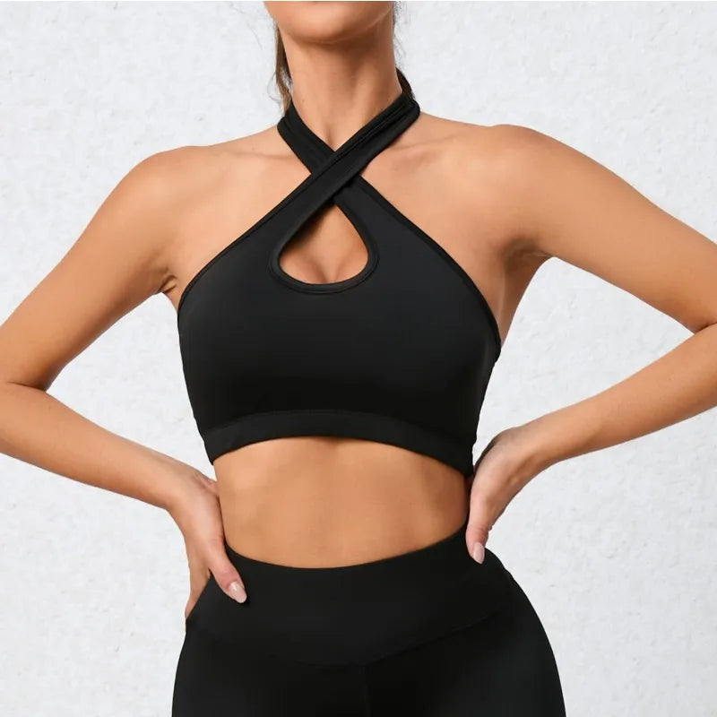 Solid Color Back Cross Women Fitness Bra Tight Sport Tank Top Shockproof Support Gym Clothes Yoga Vest With Removable Chest Pad