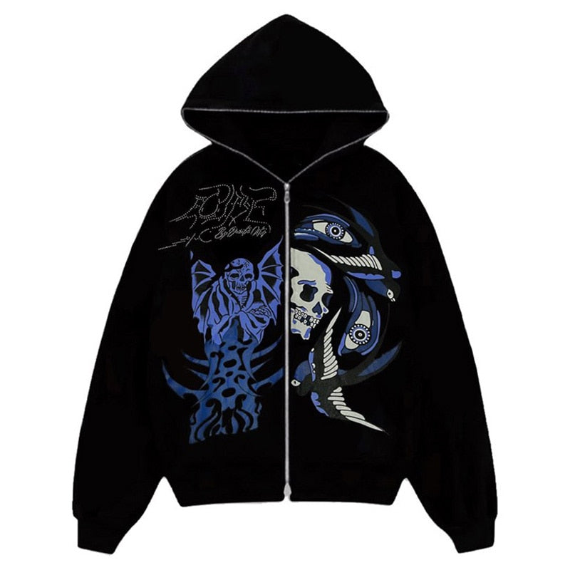 Men's Rhinestone Skull Purple Print Streetwear Oversized Hoodie Men's Jacket Jacket Goth Harajuku Y2k Clothes Grunge Zip Hoodie